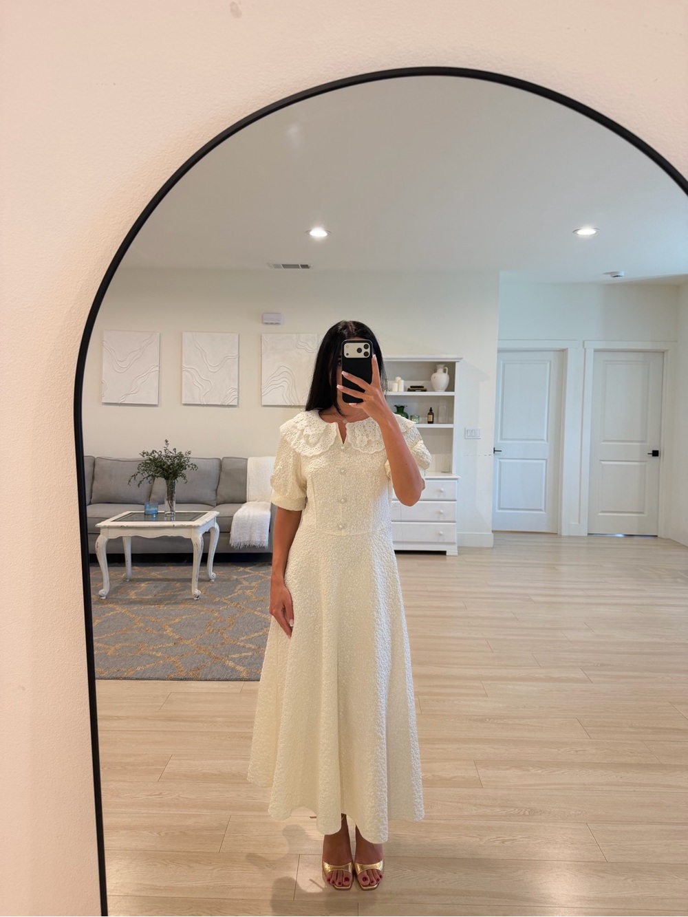 Aritzia Cream Textured Midi Dress with Peter Pan Collar